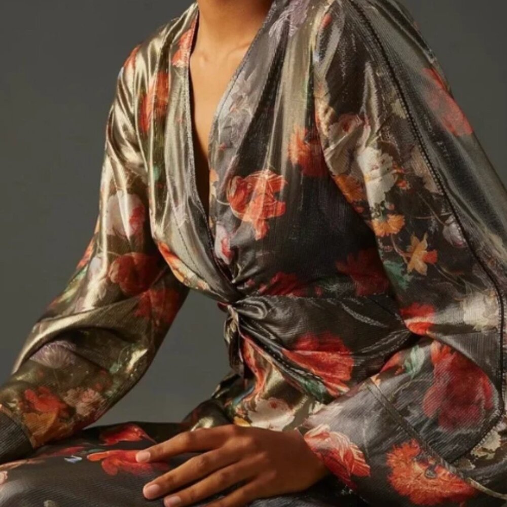 Anthropologie x Caballero Deep-V Maxi Floral Metallic Dress - Picture 3 of 13